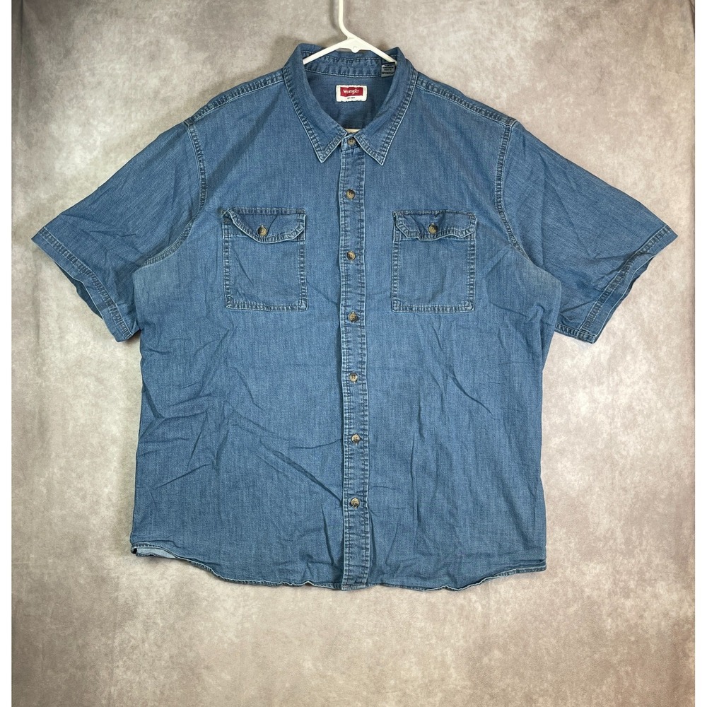Wrangler Denim Shirt Mens 2XL Blue Button Up Short Sleeve Western Outdoor Rodeo